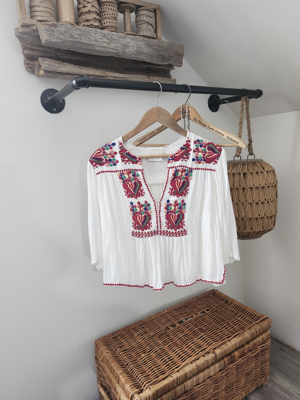 White Embroidered Peasant Blouse with Pink Accents